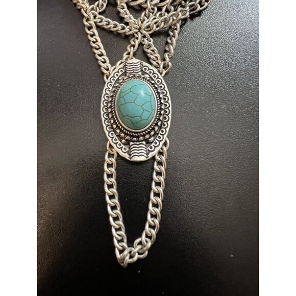 Vintage & Rare Silver Chain Bracelet and Finger Chain with Large Turquoise Stone - Picture 2 of 8